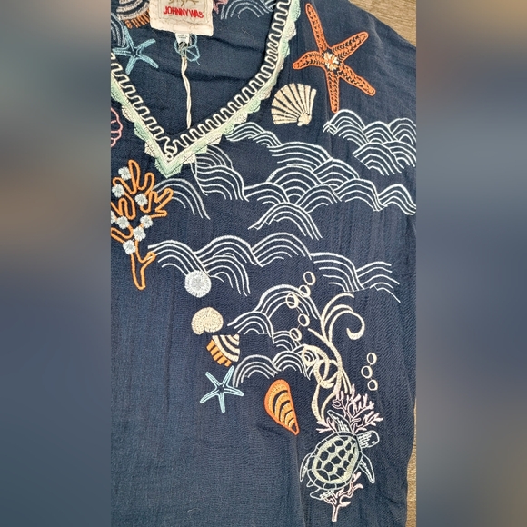 Johnny Was Byia Myrtle Embroidered V Neck Tunic Women's M Blue Multi Ocean Theme - Picture 9 of 15